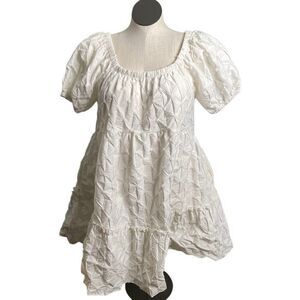 Two Cumberland Womens Mini Dress L White Pintucked Puff Sleeve Tiered Skirt